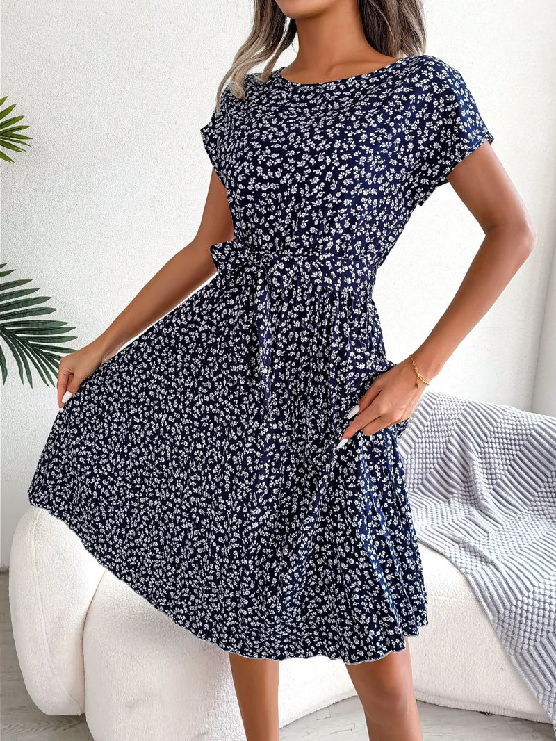 Women Spring Summer Short Sleeve High Waist Chic Dress Fashion Floral Pleated A Line Long Dress