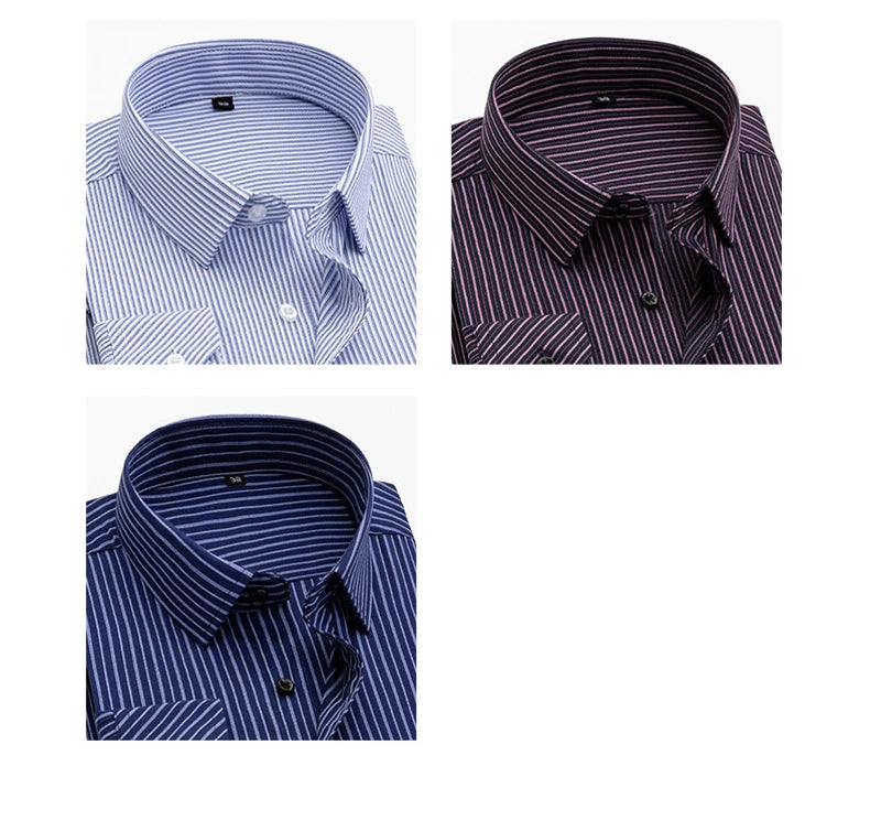 Cotton Men's Classic Long Sleeve Striped Basic Dress Shirts Single Patch Pocket Formal Business Standard-fit Office Social Shirt