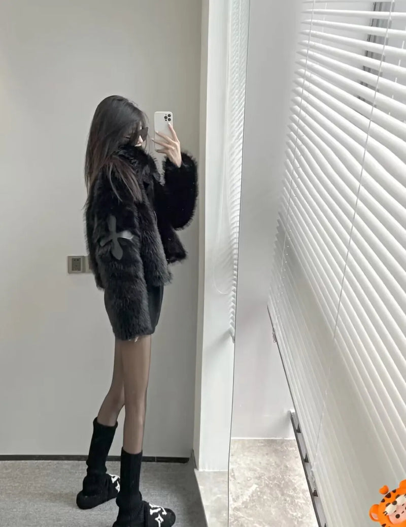 2024 Winter Women Jacket Lapel Long Sleeve Patch PU Cross Fur Cotton Coat