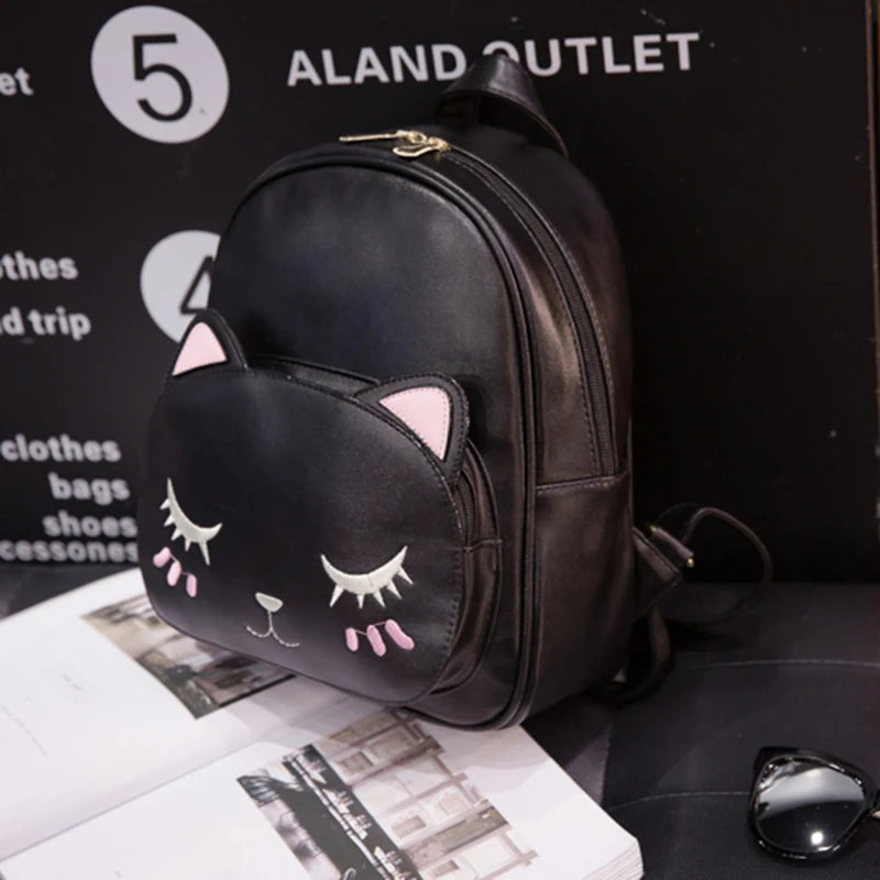 Cat Backpack Black Preppy Style School Backpacks Funny Quality Pu Leather Fashion Women Shoulder Bag Travel Back Pack Sac XA322