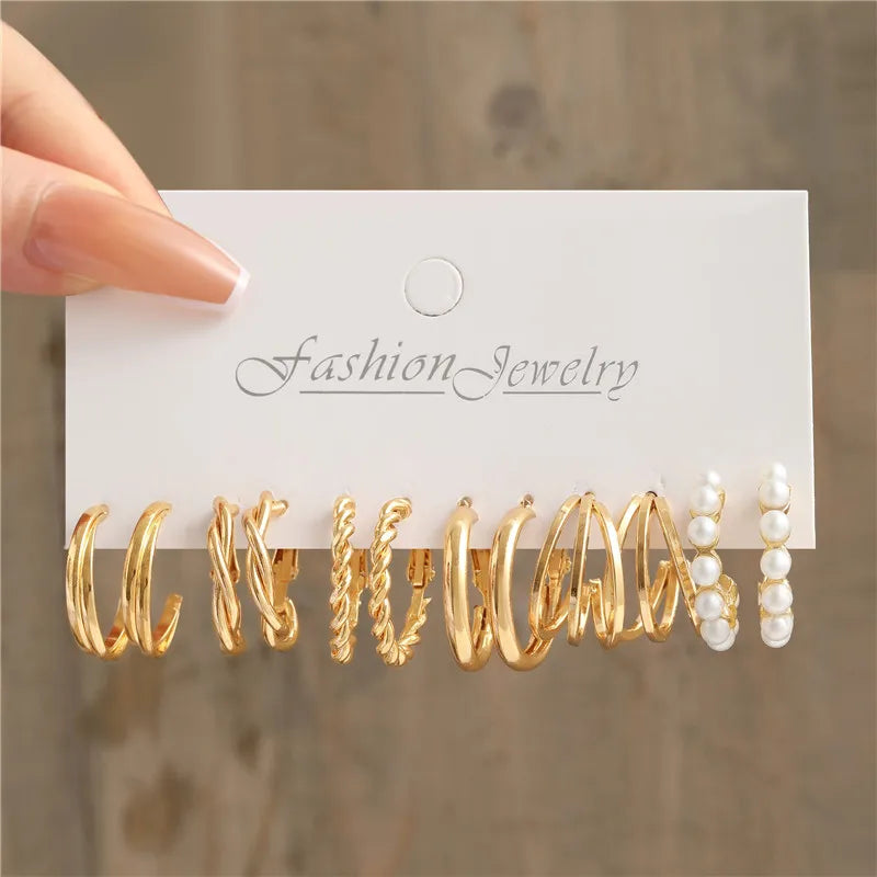 Boho Big Circle Hoop Earring Set for Women, Gold Color Bohemia Vintage Pearl Earring, Heart Zircon Ear Studs Jewelry Gifts