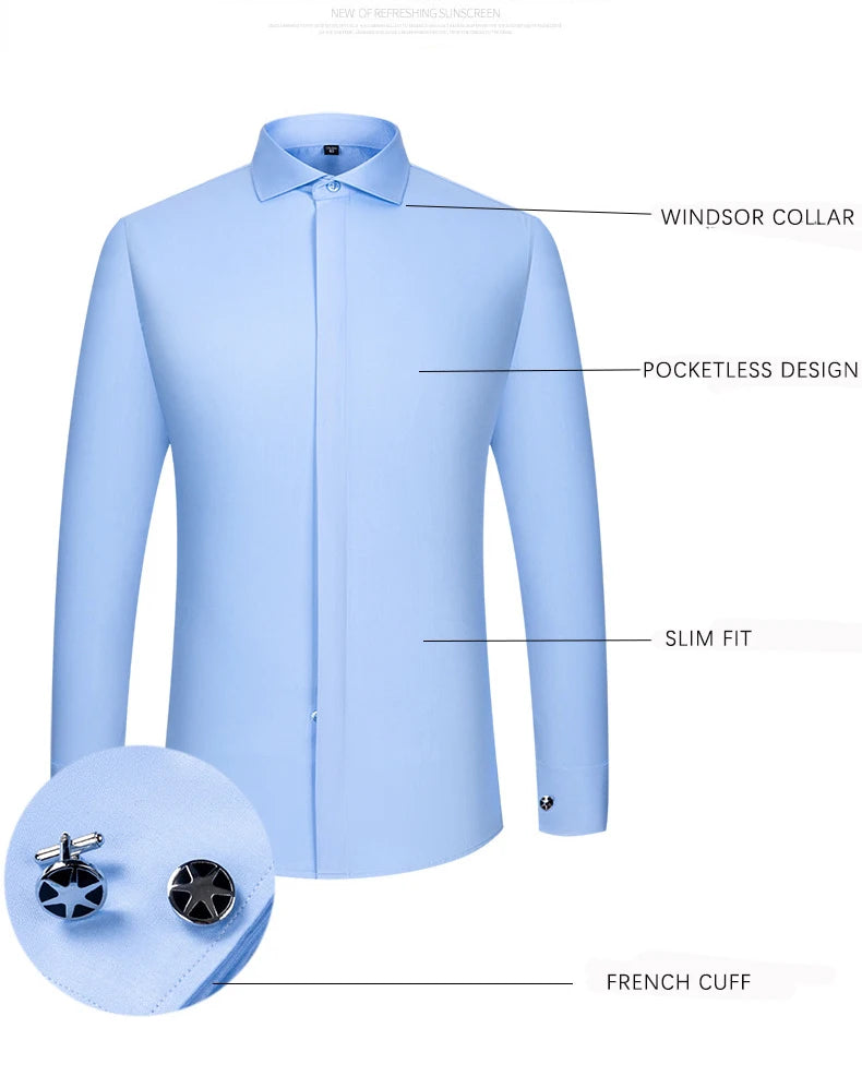 Windsor Collar French Cuff Dress Shirt Fashion Men's Long Sleeve Luxury Business Formal Shirts Covered Button Cufflink Shirt