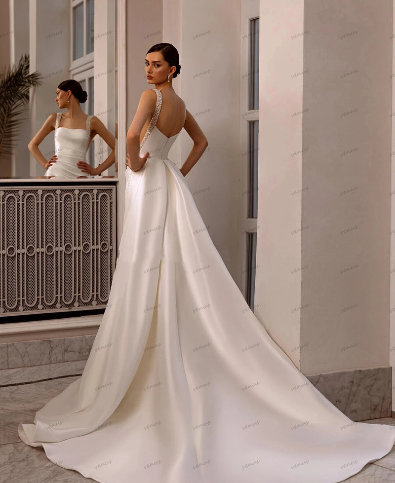 Simple Wedding Dresses Satin Bridal Gowns Sexy Square Collar Backless Graceful Robes For Formal Party Elegant Vestidos De Novia