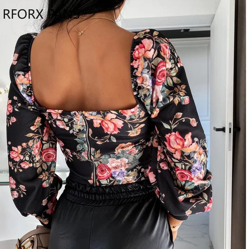 Long Sleeve Square Neck Floral Print Top Women  Plus Size Tops Spring  Tops and Blouses