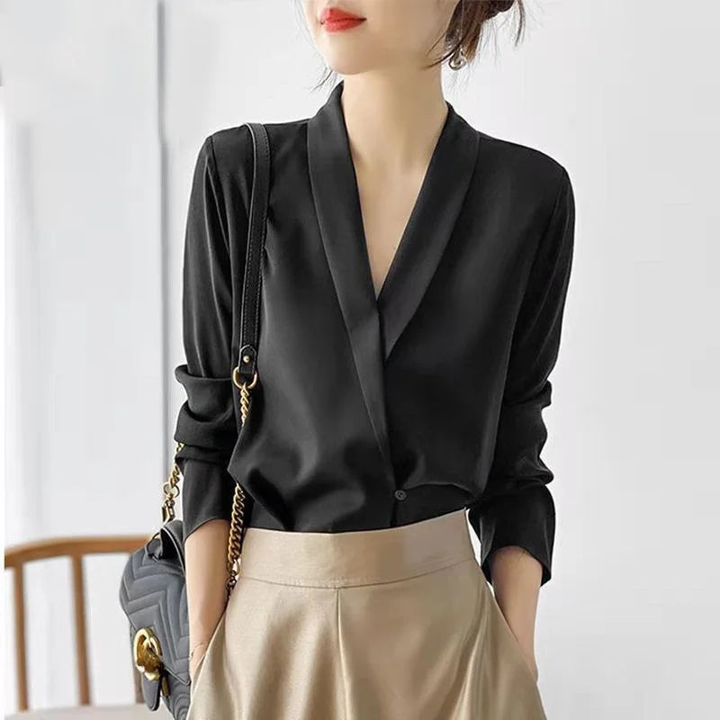 Women's Tunic V Neck Solid Color Elegant Blouses Spring Autumn Office Lady Silk Satin Solid Black White Long Sleeve Shirt Women