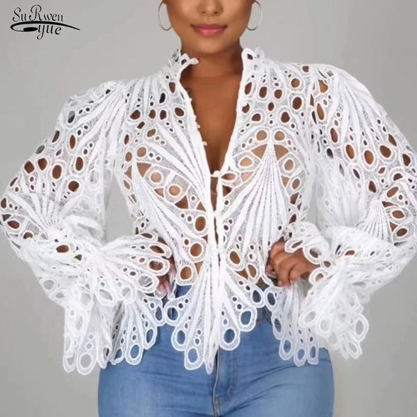 Casual Lantern Long Sleeve Stand Collar Shirts Sexy Lace Hollow Out Short Blouse Female Elegant Red/Pink/White Loose Tops 18939