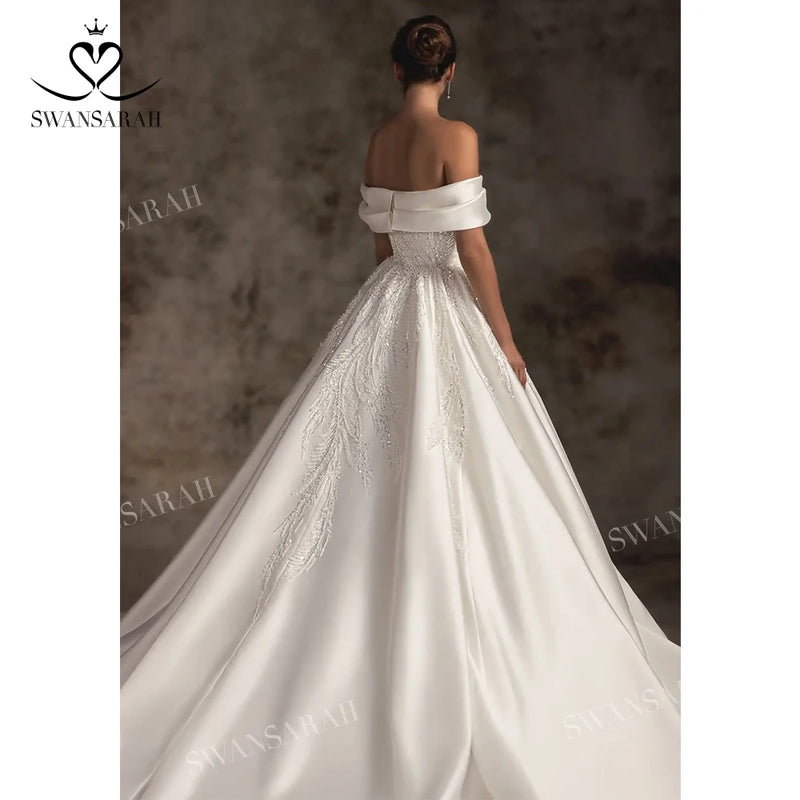 Off Shoulder Wedding Dress 2024 Satin Beading A-Line Court Train Princess Bride Gown SwanSarah W230 Plus Size Vestido De Novia