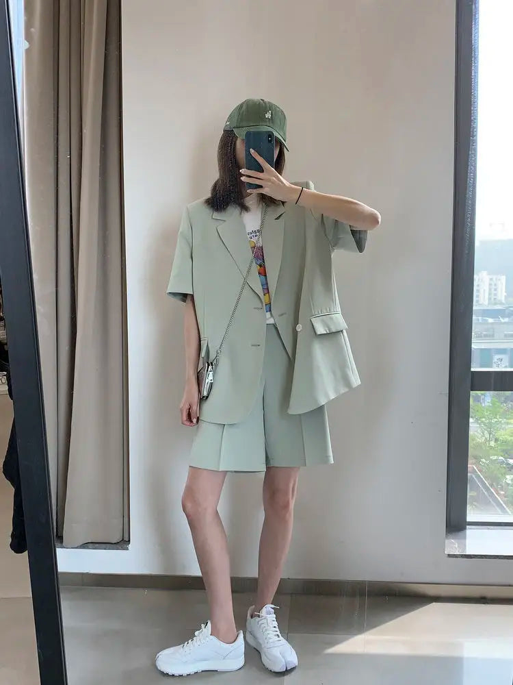 Clothing White 2024 Sleeve Summer Korean Style Blazer and Shorts Suit for Woman Kit Women's Short Pants Sets Complete Two Pieces