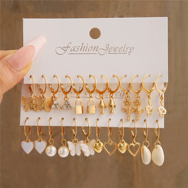 Boho Big Circle Hoop Earring Set for Women, Gold Color Bohemia Vintage Pearl Earring, Heart Zircon Ear Studs Jewelry Gifts