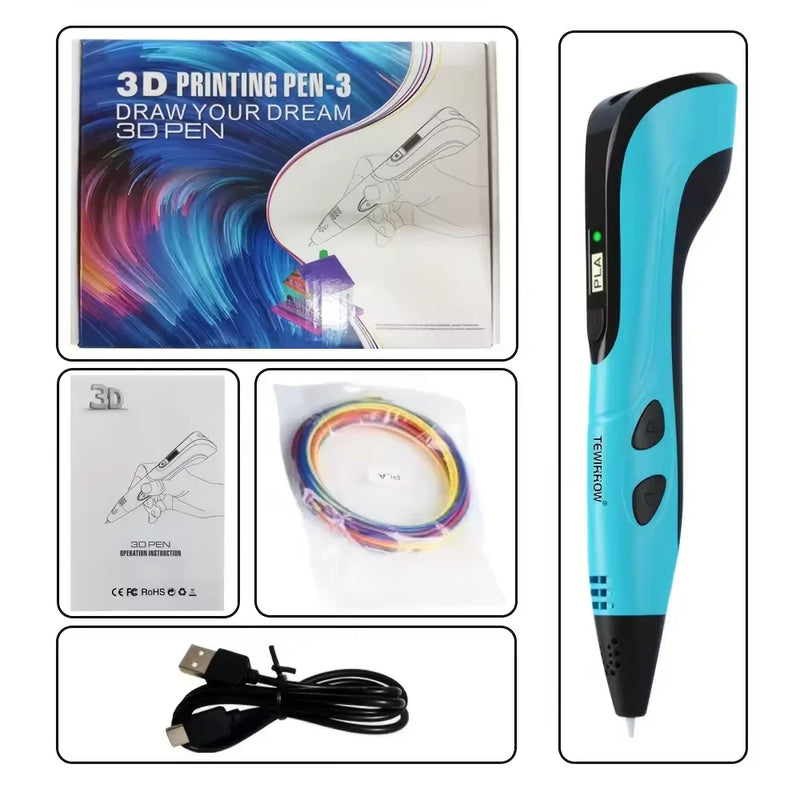 3D Printing Pen With LED Display 10M PLA Filament Children USB Drawing Tool Drawing Toy DIY Christmas Birthday Gift ﻿