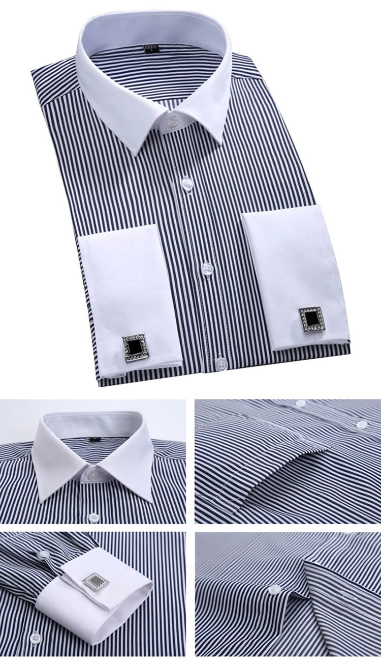 Men's Classic French Cuffs Striped Dress Shirt Single Patch Pocket Standard-fit Long Sleeve Wedding Shirts (Cufflink Included)