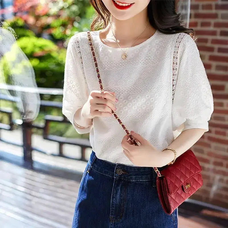 2023 Summer New Korean Fashion Women's Lantern Sleeve Loose Shirts Embroidery Cotton Lace O-neck Casual Blouses Clothes 13440