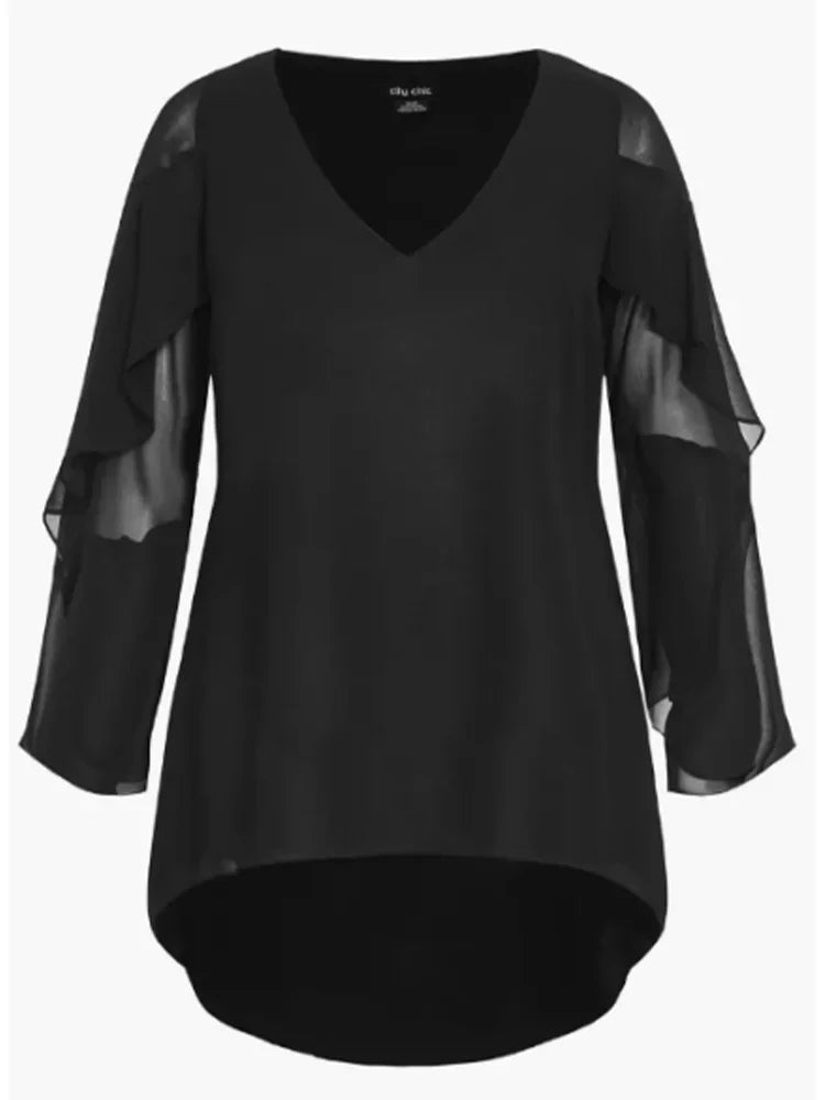 Plus Size Women's Long Blouses Fashionable Shirts Casual Loose Long Sleeve Commuter V-Neck Elegant Layered Ruffle Sleeve Tops