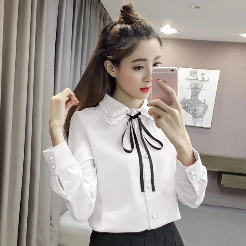 Shirts Women Long Sleeve Korean Style Leisure Single Breasted Button Elegant Vintage Casual Clothes Chiffon Office Ladies Tops