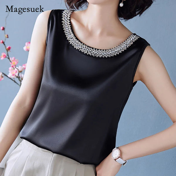 2023 Summer Women's Stylish V-neck Shirts and Blouses Fashion Elegant Satin Tops Silk Woman Office Lady Sleeveless Blusas 13741