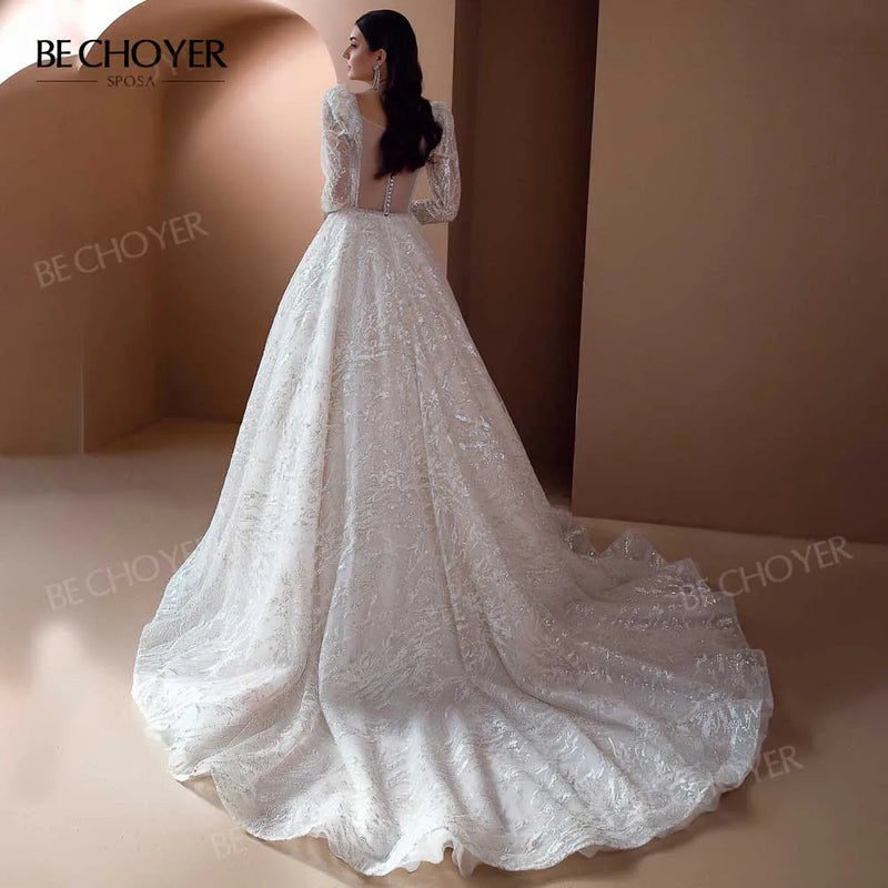 BECHOYER Long Sleeve Wedding Dress 2024 Beaded Square Collar Shiny A-Line Court Train Princess Bride Gowns HB11 Vestido de Noiva