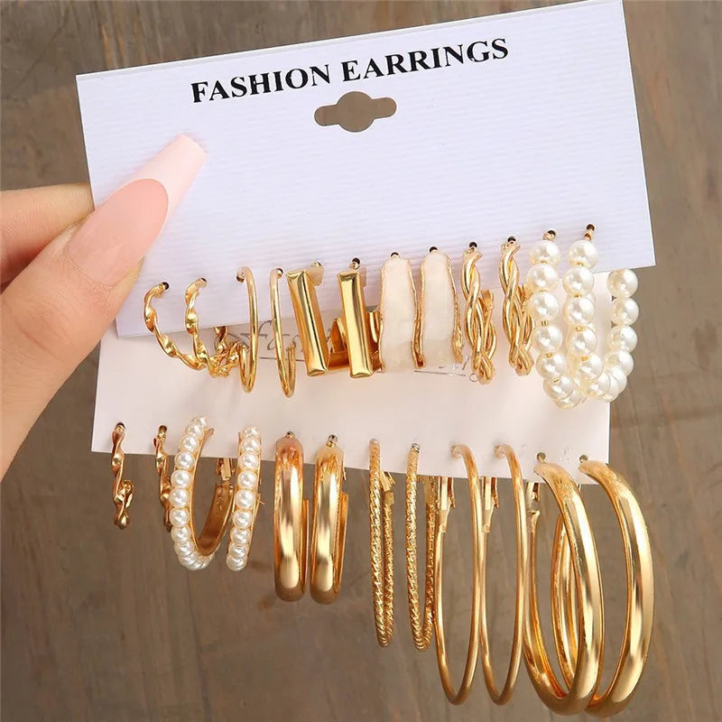 Boho Big Circle Hoop Earring Set for Women, Gold Color Bohemia Vintage Pearl Earring, Heart Zircon Ear Studs Jewelry Gifts