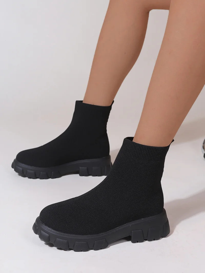 Brand Women Ankle Boots Lightweight Casual Shoes for Women Wedge Fashion Sock Boots Knitting Winter Medium Tube Platform Boot