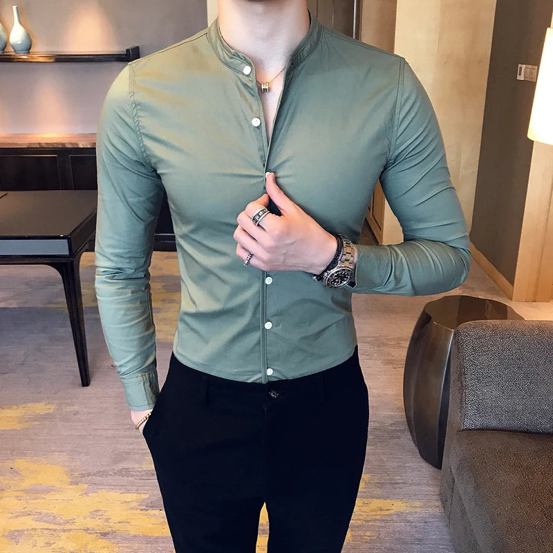 Men Slim Fit Shirt 2023 Autumn Cotton Solid Stand Collar Casual Business Long-sleeved Shirts Male Fashion Camisas Men Clothing