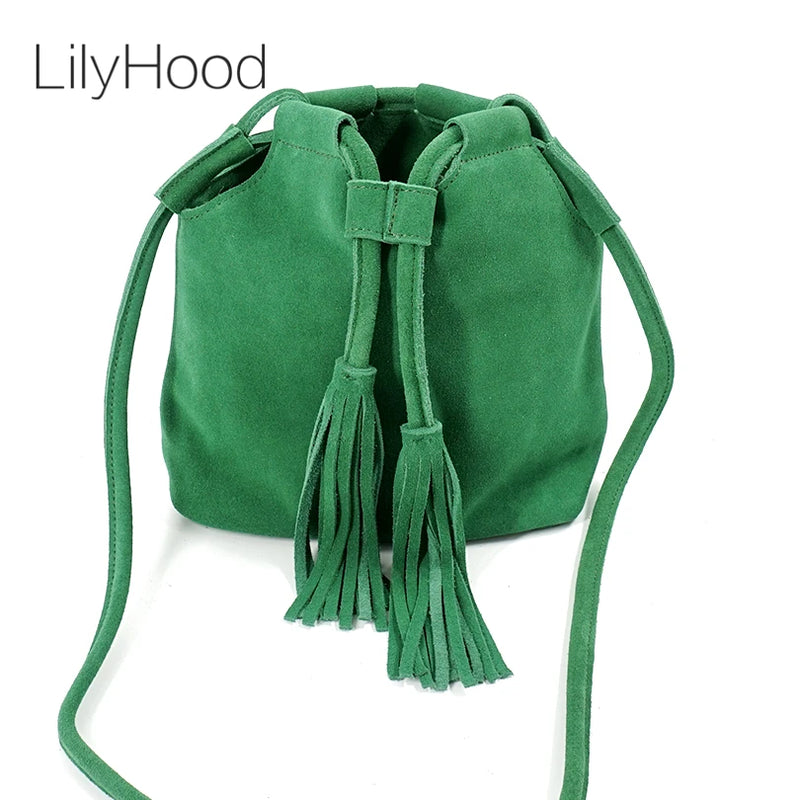 Female Stylish Genuine Leather Small Bucket Shoulder Bag Fashion Ibiza Boho Gypsy Hippie Suede Fringe Side Sling Green Pouch Bag