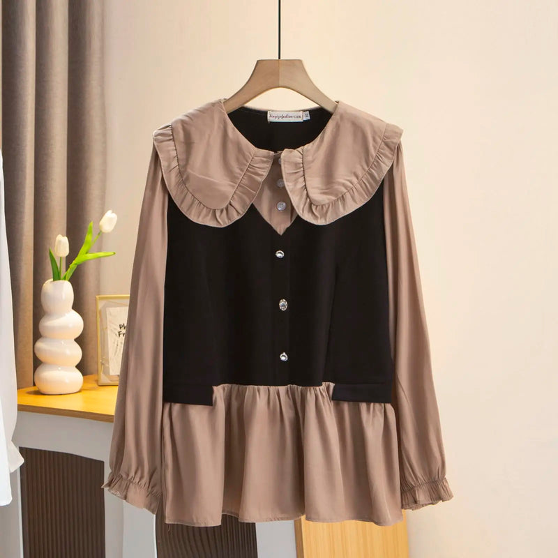 Fashion Peter Pan Collar Shirt Women Plus Size Autumn Winter Casual Clothing Block Color Blouses Diamante Buttons Tops F31 8441