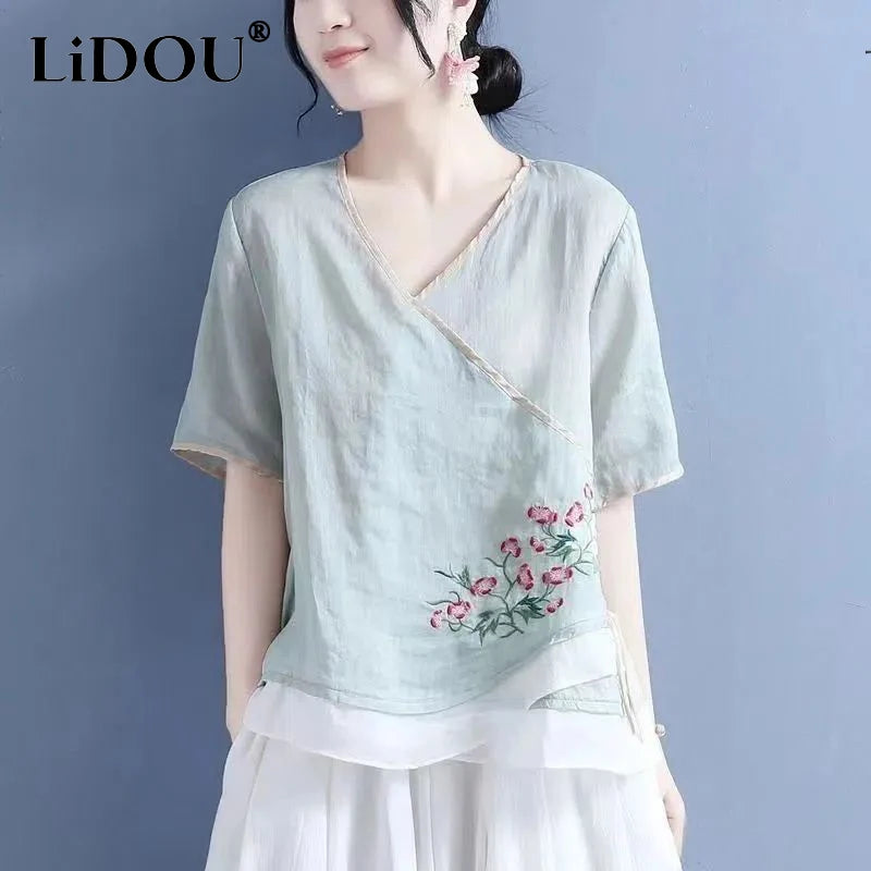 Summer New Literary Vintage Embroidery Short Sleeve Shirt Ladies Loose Casual Cotton Linen All-match Pullover Top Women Blouse