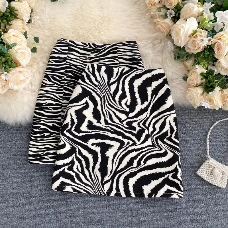 Korean Zebra Print Midi Skirt Women Autumn New Female A-line High Waist Loose Skirts Vintage Mini Skirt