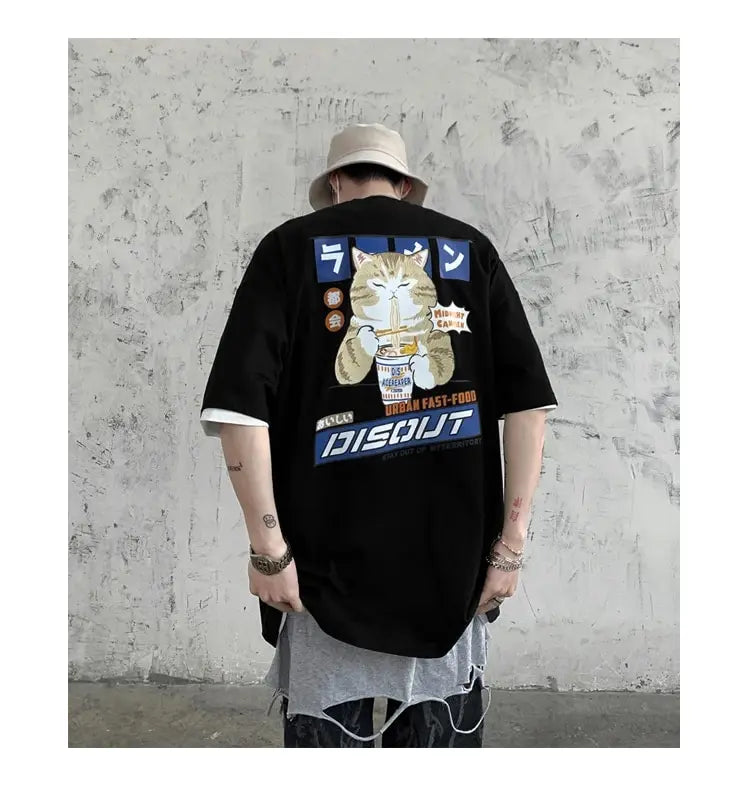 100% Cotton Men's T-shirts Japanese Style Cat Anime Graphic Tops Short Sleeve Summer Oversized Clothing O-neck Male Tees