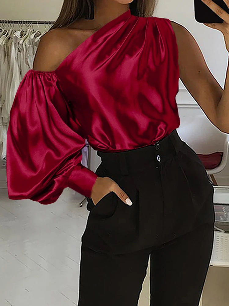 Celmia Chic One Shoulder Blouse Elegant Women Blusas 2023 Fashion Lantern Sleeve Tops Casual Asymmetrical Streetwear Shirts