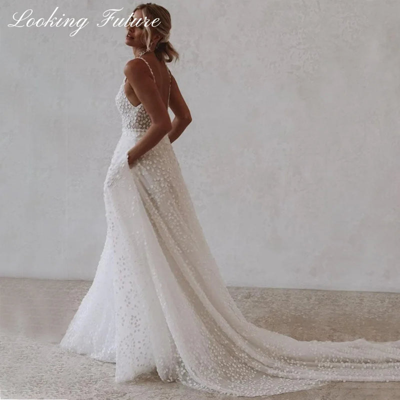Elegant Tulle Wedding Dresse With Pocket Deep V-Neck Spaghetti Strap Bridal Gowns Beach Open Back Vestido de Novia Sweep Train