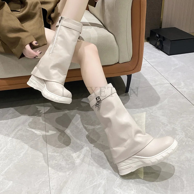 Luxury Fashion Women’s The Knee Boots New Platform Wedge Heel Boots  Round Toe Shoes Shark Lock Vintage Long Boots