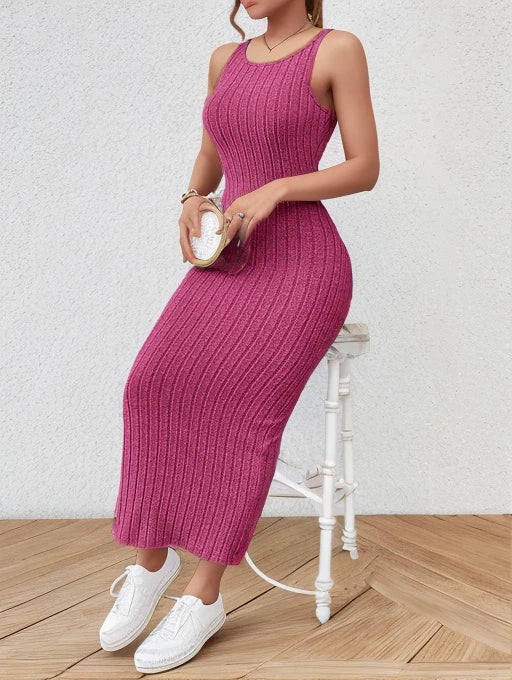 Solid Backless Tank Dress，Summer new sexy backless mid-length knitted sleeveless dress