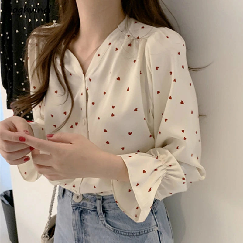 Shirts Women Long Flare Sleeve V-neck Sexy Printed Sweet Elegant Chiffon Hot Sale All-match Simple Loose Retro Chic Stylish BF