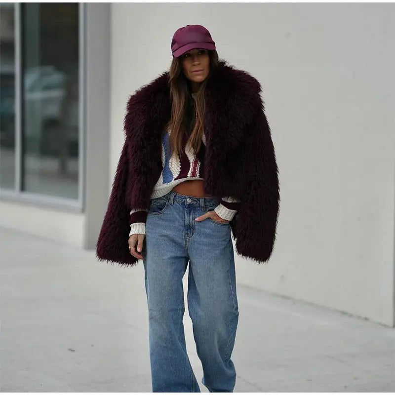 Fashion Faux Fur Jacket Coat Women Warm Fluffy Loose Long Sleeve Lapel Cardigan 2024 Female Winter Solid High Street Outwear