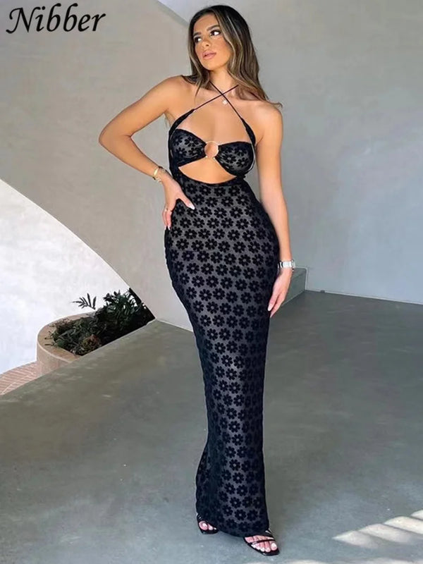 Nibber Solid Color Hanging Neck Maxi Dress Sexy Hollow Women Perspective Bag Hips Robe Female Street Trendy Dresses Clothing