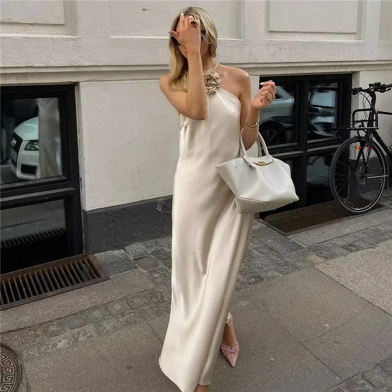 TRAF Flower Halter Dress Woman Off Shoulder Satin Long Dress Women Backless Sexy Evening Dresses Summer Party Dresses For Women