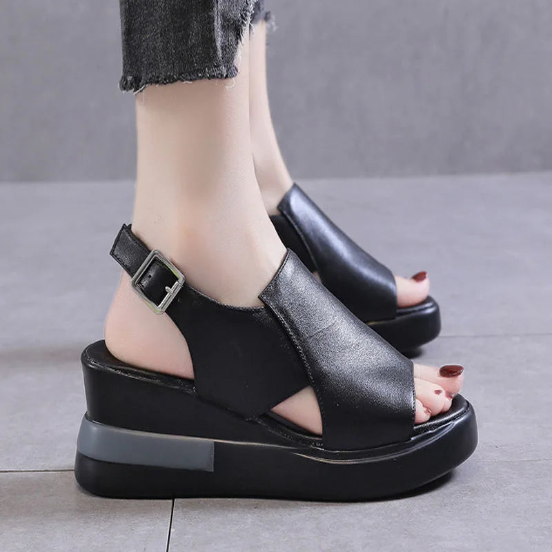 Summer Wedge Shoes for Women Sandals Solid Color Open Toe High Heels Casual Ladies Buckle Strap Fashion Female Sandalias Mujer