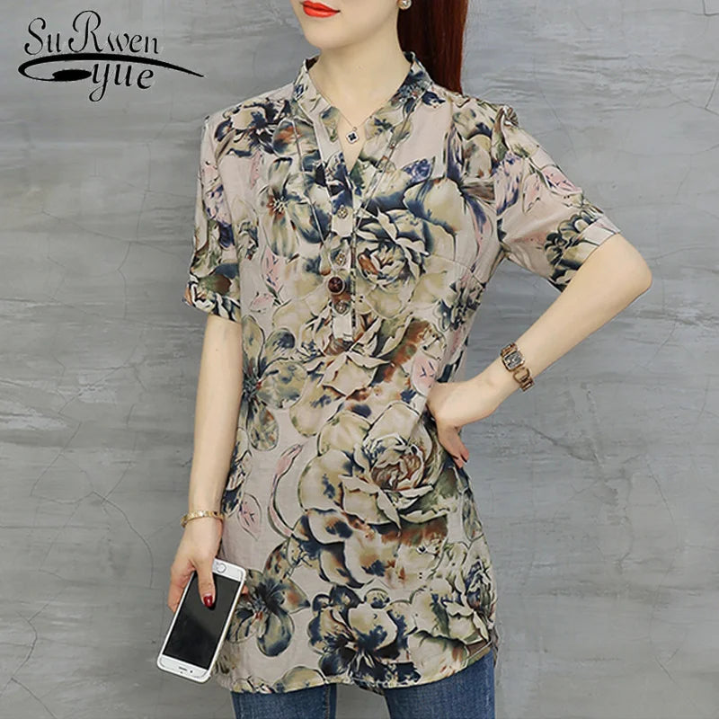 2023 Fashion Chiffon Women's Clothing Short Sleeve Loose LooseWomen Shirt Blouse V-neck Printing Women Tops Blusas D532 30