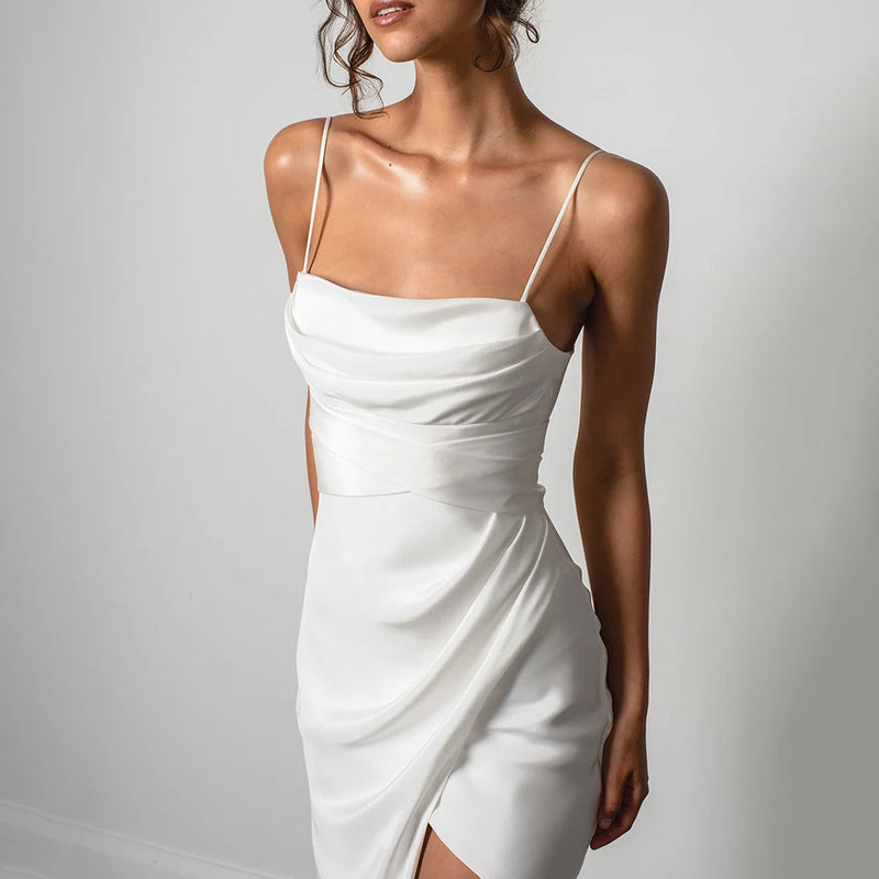 Simple Mermaid White Wedding Dress Spaghetti Straps High Slit 2024 Satin Backless Plain Bridal Gown Sweep Train Vestido de Novia