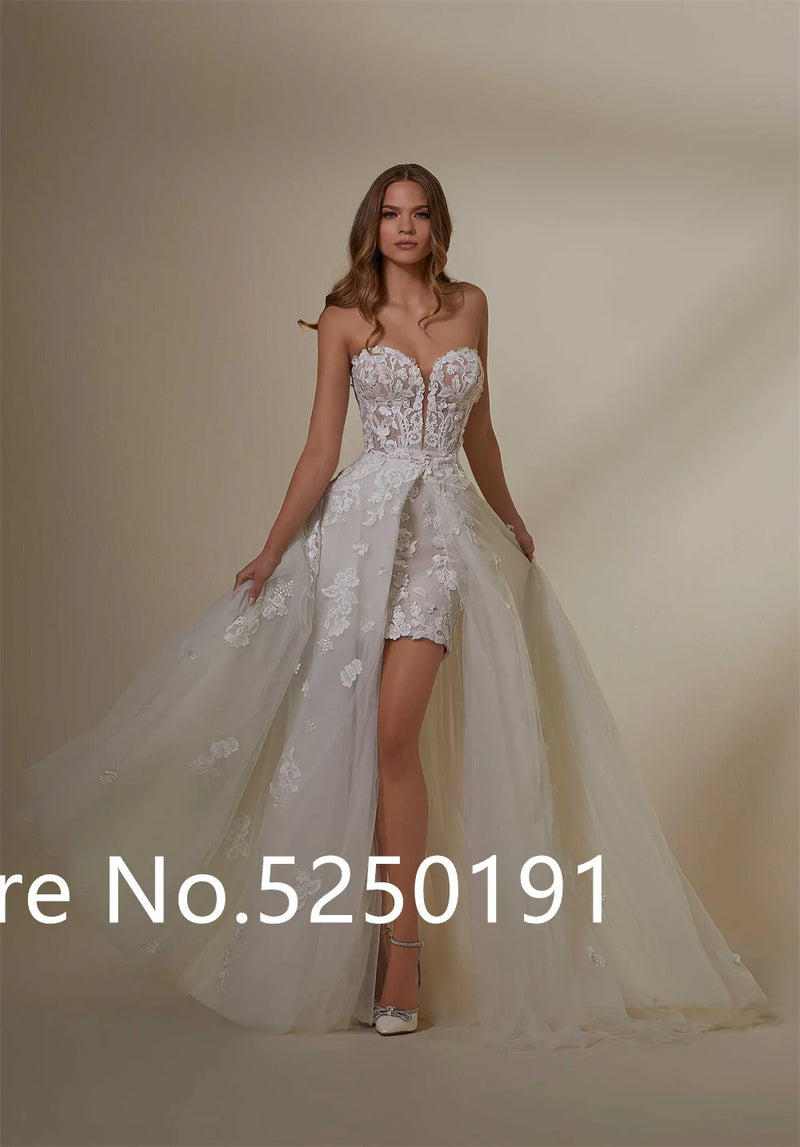 Popular Sweetheart Full Lace Short Shearth Wedding Dresses With Detachablt Train 2 In 1 Bridal Grown 2024 Rode De Morrie