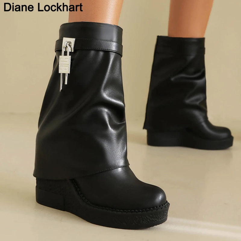 Lady Shark Lock Boots Women Fold-over High Wedge heels boots Female padlock design calf high vintage boots round Toe footwear