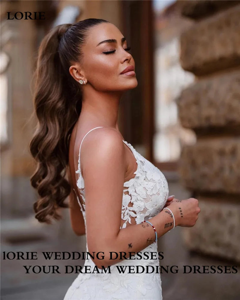 LORIE Lace Mermaid Wedding Dresses Spaghetti Straps Lace Appliques Bride Dress V Neck Elegant Soft Tulle Wedding Gowns 2023