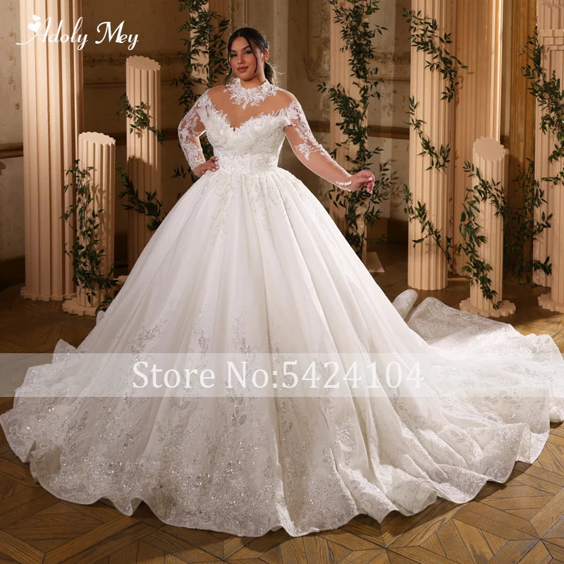 Gorgeous Appliques Chapel Train Ball Gown Wedding Dress 2024 Classic High Neck Beading Long Sleeve Embroidery Vintage Brdal Gown
