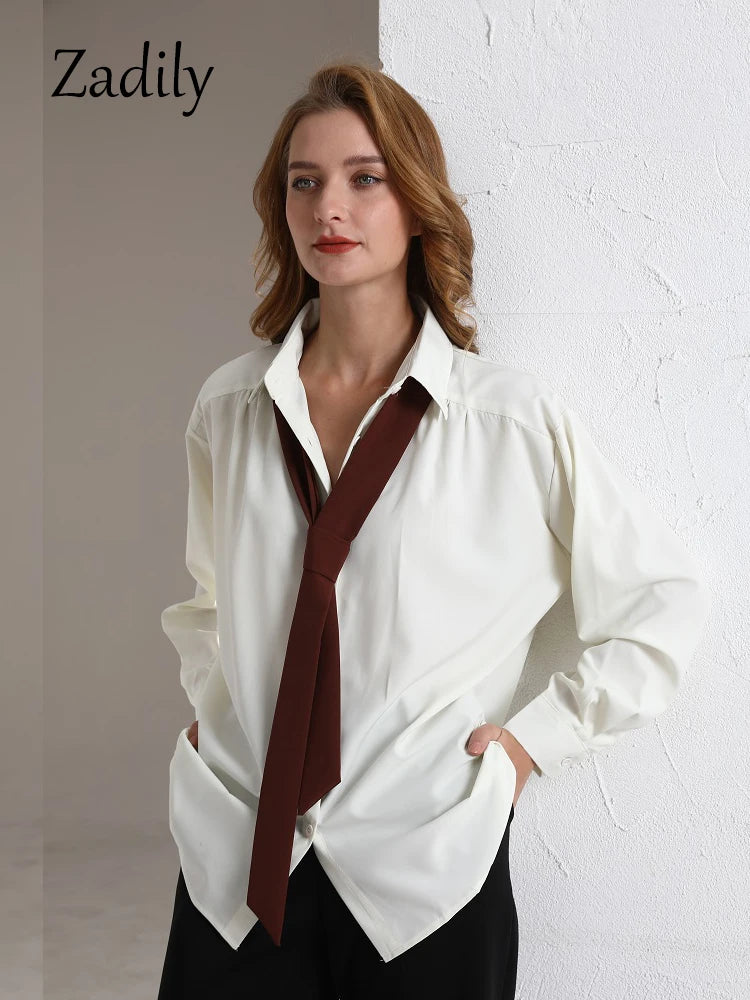 Zadily 2023 Spring Minimalist Long Sleeve Button Up Shirt Women Korean Style Solid Tie Oversize Shirts Blouse Loose Clothes Tops