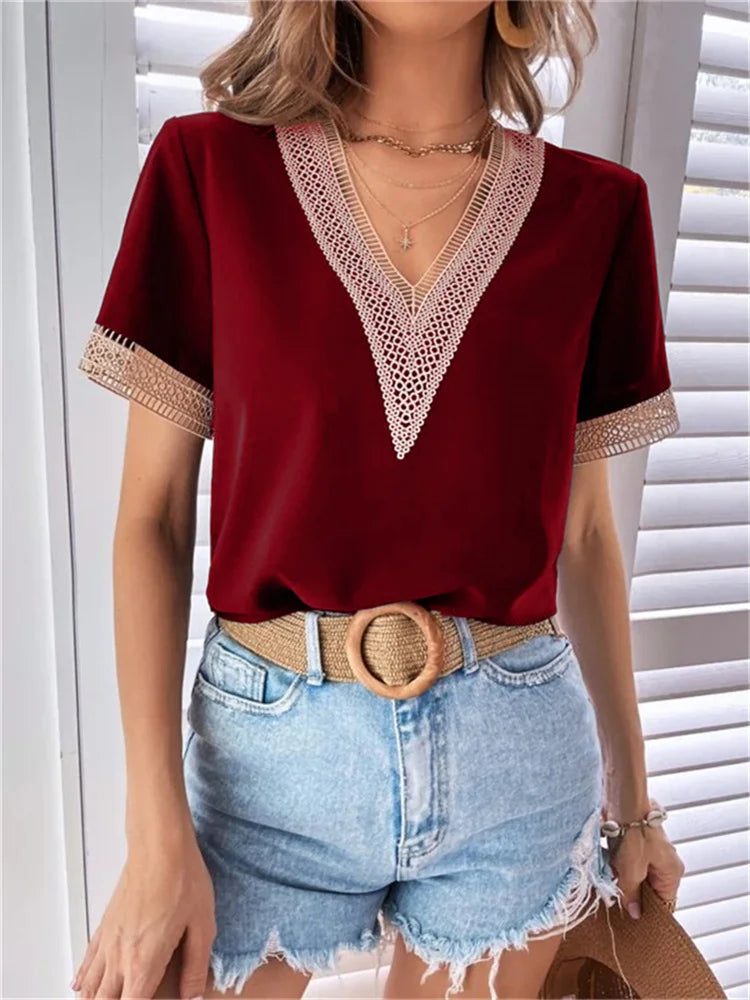 2022 Fashion Women Summer Solid Color Shirts Blouse Hollow Out Design Lace Decor V-Neck Short Sleeve Casual Loose Pullovers Tops