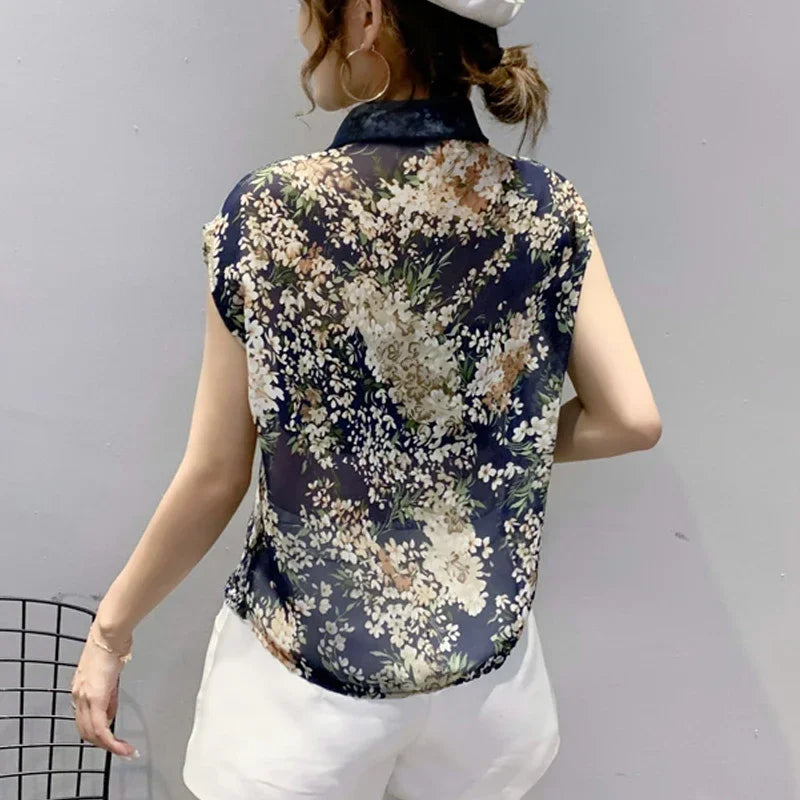 Print Blouse Women Ladies Tops Blusas Mujer Summer Floral Chiffon Women Shirts Casual Sleeveless Female Clothing 10225