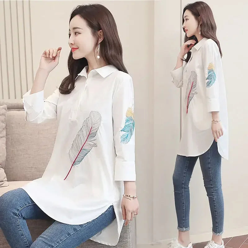 100% Cotton Feather Embroidery Long Blouse Women 3/4 Sleeve Art Loose White Blouses and Tops Button Down Shirts
