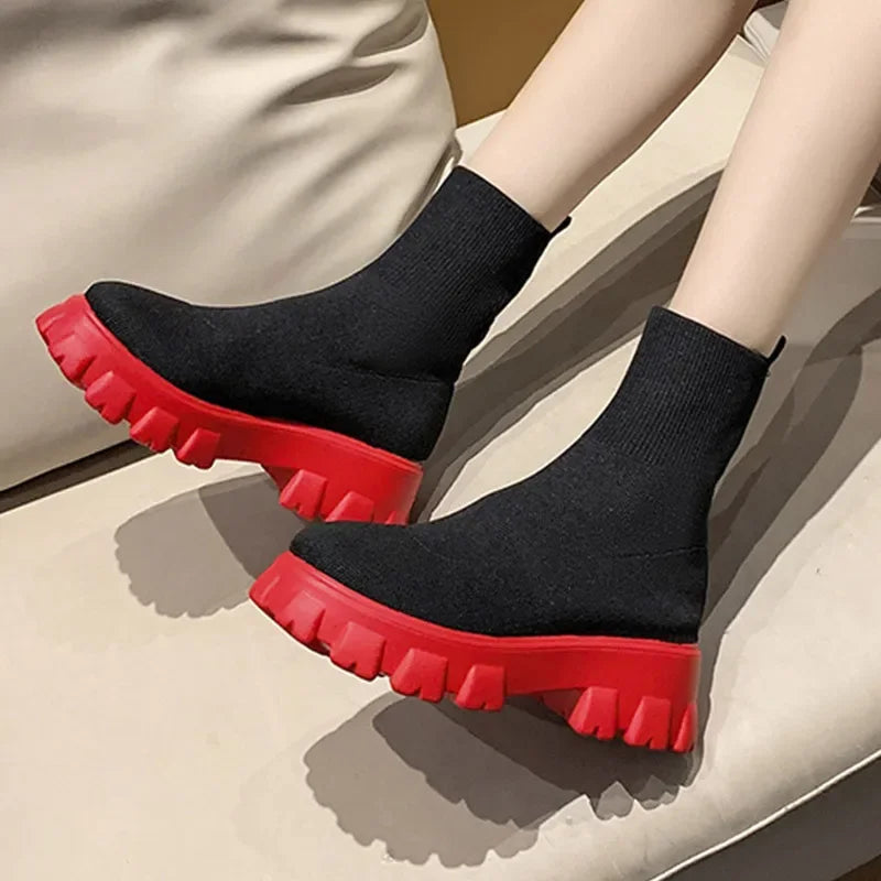 Boots Women Autumn 2023 New Platform Breathable Knitted Elastic Wedges Socks Boots Thick Bottom Thick Heel Ankle Boots Woman