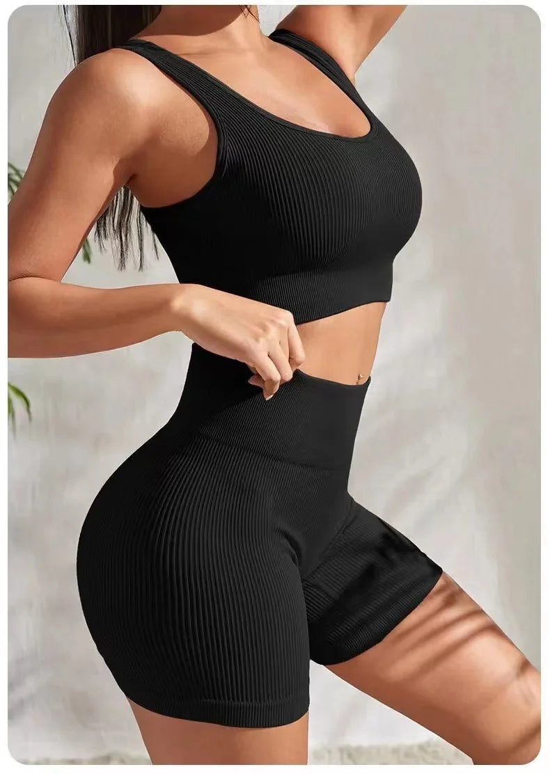 Ribbed Yoga Sport Set Women Seamless Crop Top Bra Shorts Yoga Set Comfort Elastic Sportsuit Workout Outfit Fitness Gym Clothes