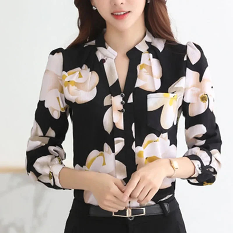 Autumn New Fashion Ladies Tops Elegant V-Neck Slim Chiffon Blouse Women's Clothing 2023 Office-lady Lady New Shirt Blusa 882G